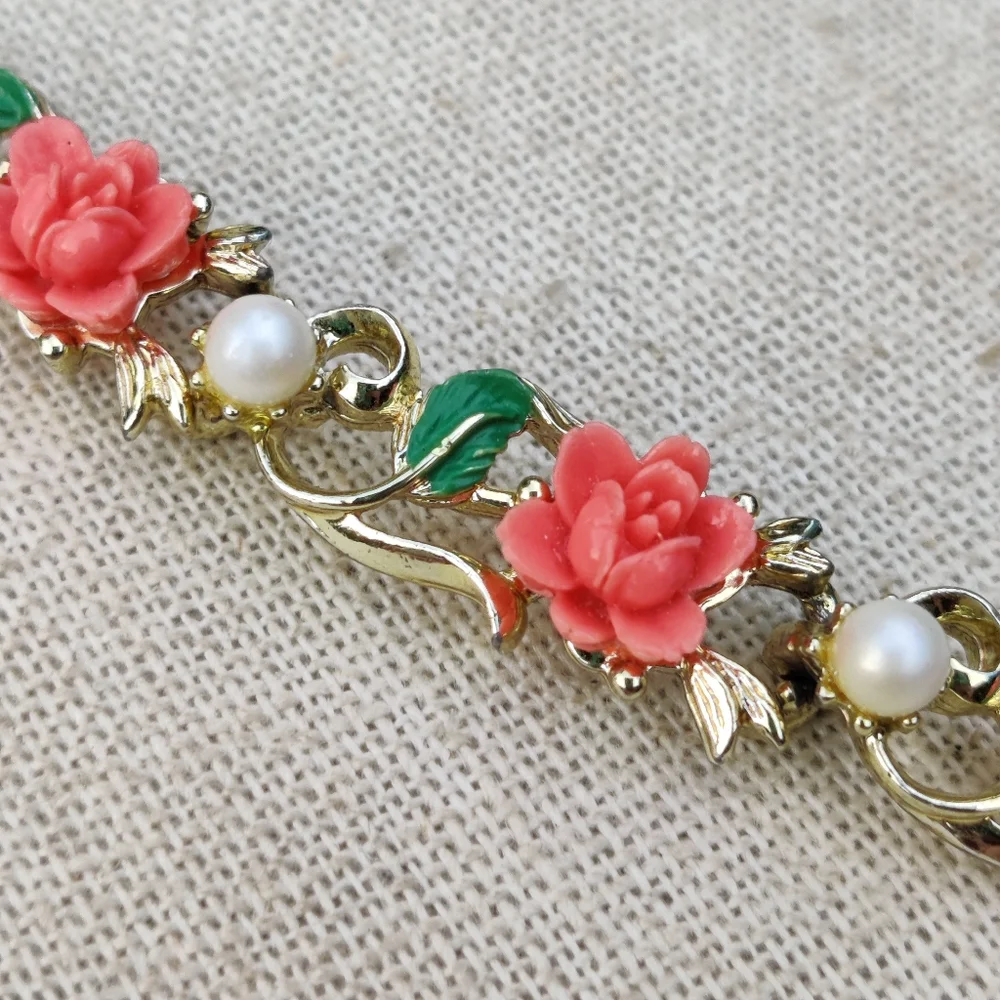 Vintage Coral Rose and Pearl Necklace with Matching Earrings